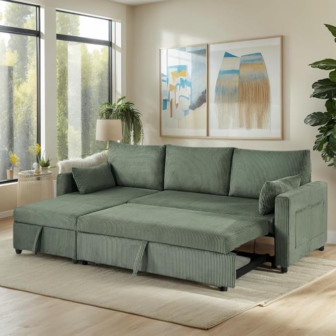 Sectional Sleeper Sofa with Pull Out Bed, L Shape Convertible Sofa Bed Couch with Storage Chaise, 3 in 1 Pull Out Sofa Bed with 3 Seats for Living Room,Apartment, Green, 85Inch