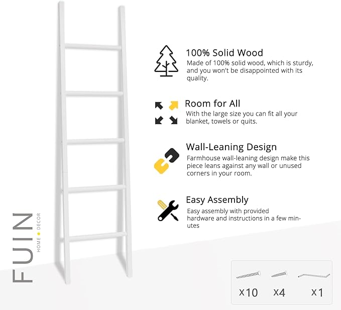 FUIN 6ft Wooden White Blanket Ladder Living Room Decorative Wall Leaning Farmhouse Quilt Display Holder Rustic Wood Towel Rack for Bathroom