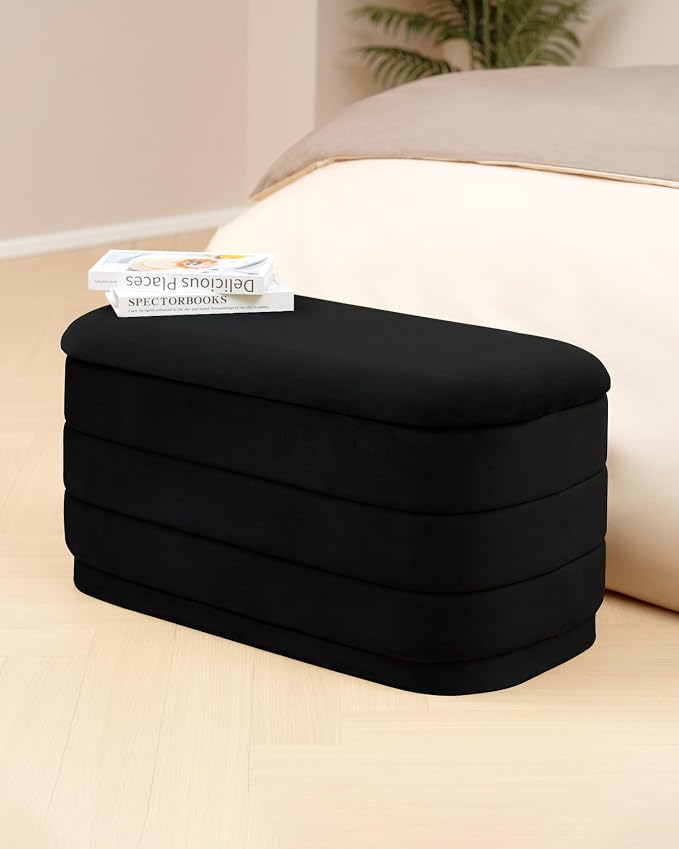 B FSOBEIIALEO Velvet Storage Ottoman with Tray, Folding Ottoman with Storage Coffee Table Shoes Bench for Dorm Room, Living Room Black, 30"x15"x15"