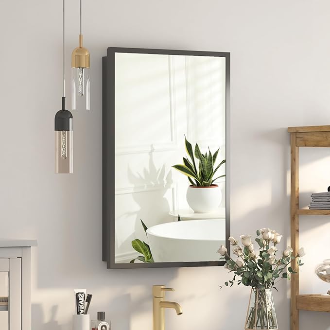 Metal Recessed Medicine Cabinets for Bathroom,Wall Mounted Medicine Cabinet with Mirror,Bathroom Cabinet with Mirror,Adjust Shelves Mirrored Cabinets with Storage,Fully Assembled 16x26