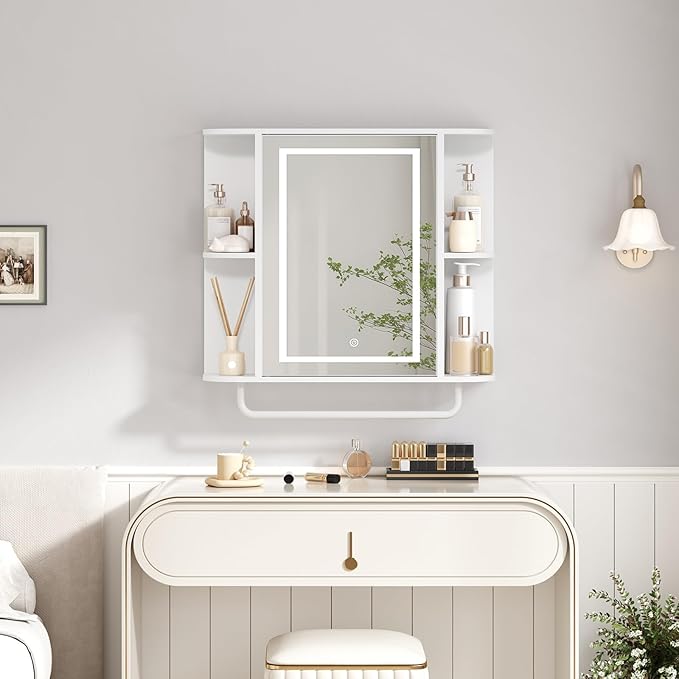 MAHANCRIS Bathroom Wall Cabinet with Mirror, Mirrored Medicine Cabinet with 3 Colors LED Light and 4 Open Shelves, Wall Mounted Storage Cabinets with Adjustable Shelf, 24.7"L x 6.7"W x 26.7"H, White