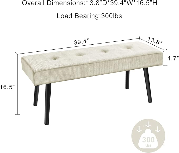 Comfy to go Entryway Bench - Beige Bench for Bedroom, Modern Ottoman End of Bed, Corduroy Padded Benches for Living Room, Foyer, Mudroom, Hallway - 39" L x 14" W x 17" H