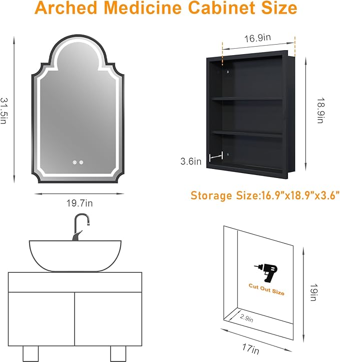 20''x32'' LED Medicine Cabinet with Mirror, Recessed & Wall Mounted Bathroom Mirrors with Storage and Lights, Anti-Fog Dimmable 3 Color Temperature, 2 Adjustable Shelves, Full Metal Medicine Cabinets