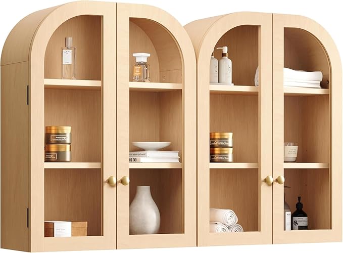Fatmok Set of 2 Arched Bathroom Wall Cabinets with Glass Doors – Over-The-Toilet Storage Cabinet with Adjustable Shelf, Wood Floating Medicine Cabinet for Bathroom, Laundry Room, Kitchen, Natural Wood