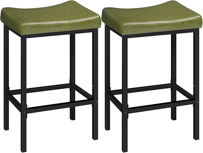 HOOBRO Bar Stools, Set of 2 Bar Chairs, Counter Height Stools, Saddle Barstools with Curved Surface, 24.8 Inches, 2.4" Thick Upholstery, for Kitchen, Dining Room, Cafe Forest Green and Black JB10BY01