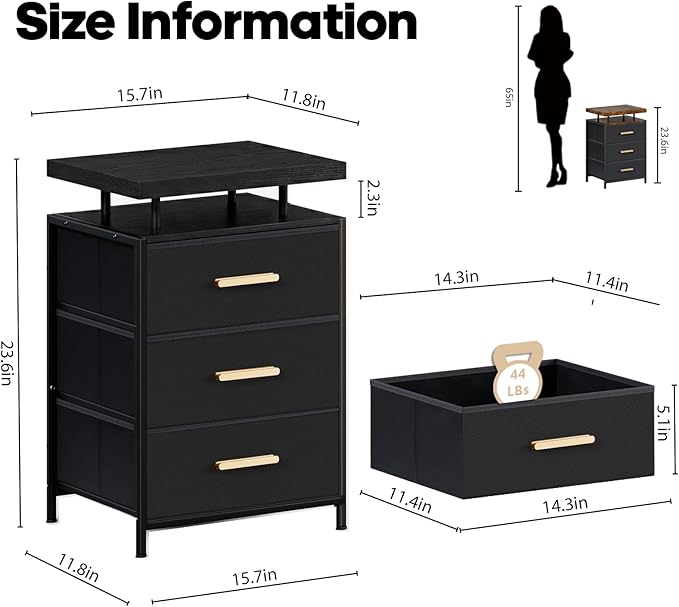 DreamDashio Night Stand with APP Control LED Lights, 3 Fabric Storage Drawers with PU Finish, Floating Top Design, Bedside Table with Open Shelf, End Table for Bedroom, Living Room, Office (Black)