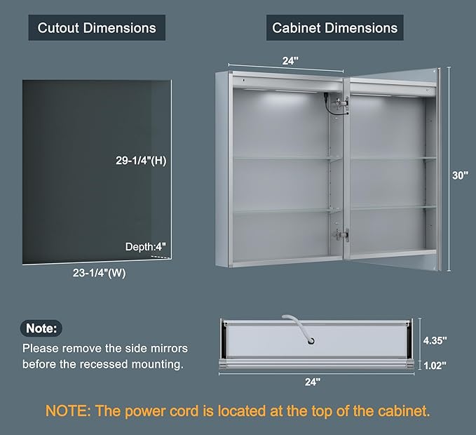 24x30 Inch Medicine Cabinet with Lights, AL Alloy Frame, Plug-in or Hardwired, Recessed or Surface Mount, 3 Colors/Dimmable/Interior Light/Defog, 2 Outlets & USBs, 2 Shelves (Right Hinge)