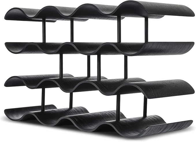 Countertop Wine Rack - 14 Bottle Freestanding Wine Bottle Holder Stand - 4 Tier Wooden Wine Storage Rack - Black Wavy Wine Organizer for Cabinet Pantry Home Kitchen Bar