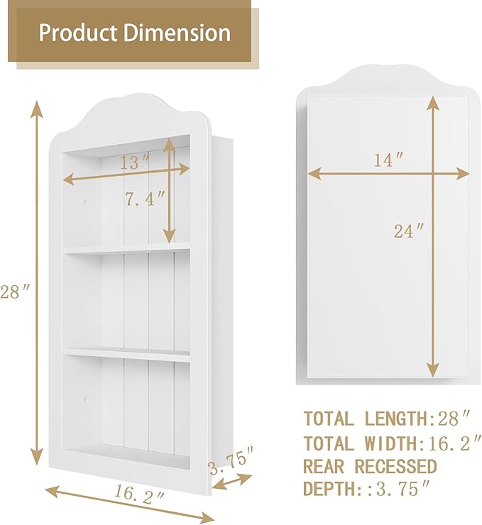 CJL 14'' x 24'' Victorian Recessed Medicine Cabinet, Solid Wood in-Wall Bathroom Cabinet, Wall Niche Shelf, 3-Tier, No MDF, White