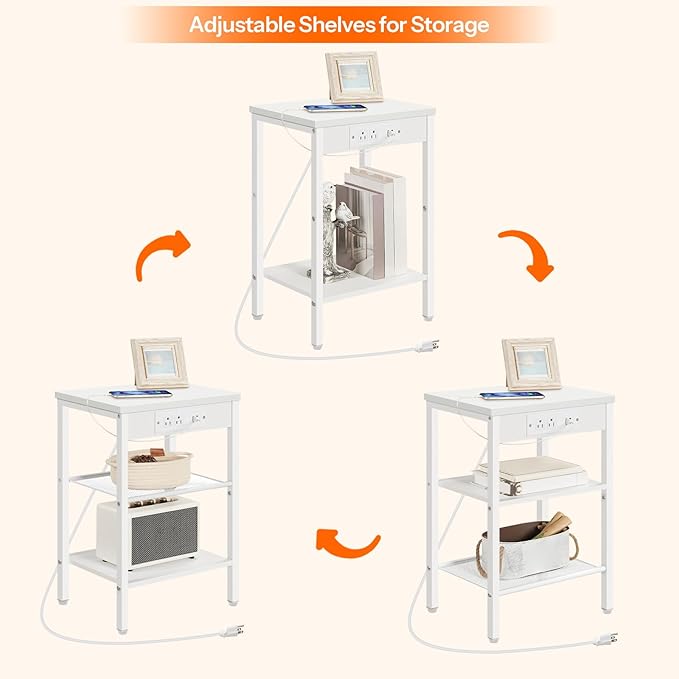 HOOBRO Side Table with Charging Station and USB Port, Small End Table for Small Space, 3-Tier Nightstand with Adjustable Shelf, for Living Room, Bedroom, White WW112BZ01