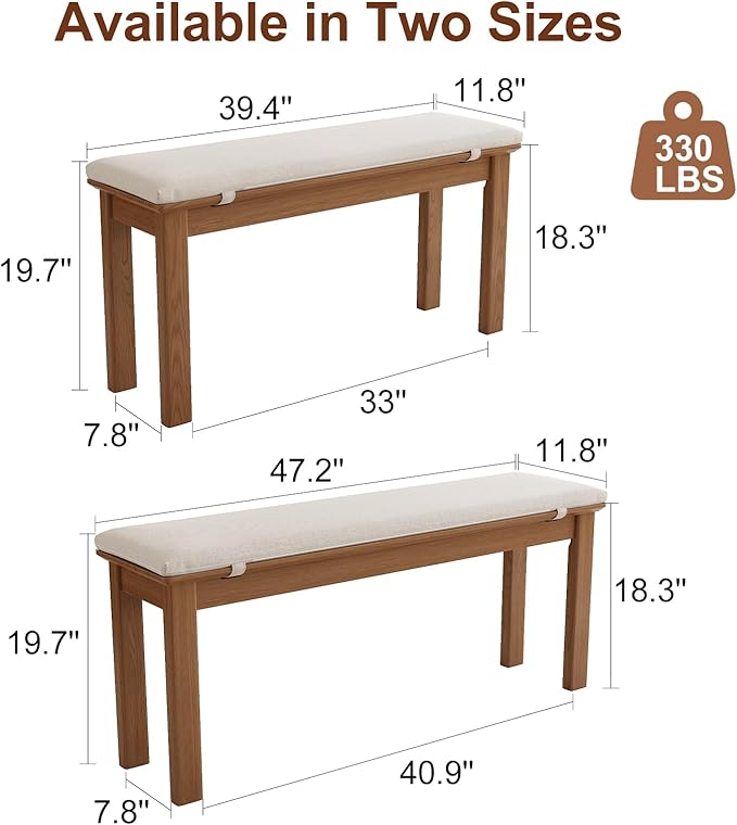 CycleCrew 47.2" Solid Wood Dining Bench with Removable Cushion - Mid-Century Modern Entryway Bench, Extra Height Upholstered Bench for Dining Table, End of Bed, Living Room