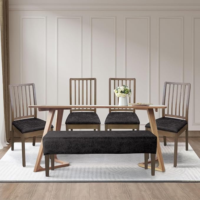 FORCHEER Dining Room Chair Seat Covers Set of 4 with 1 PC Bench Cover Set Faux Leather Fabric Anti-Dust Removable Seat Protector for Dining Room- 4 PCS Chair Cover+1 PC Bench Cover(Black)