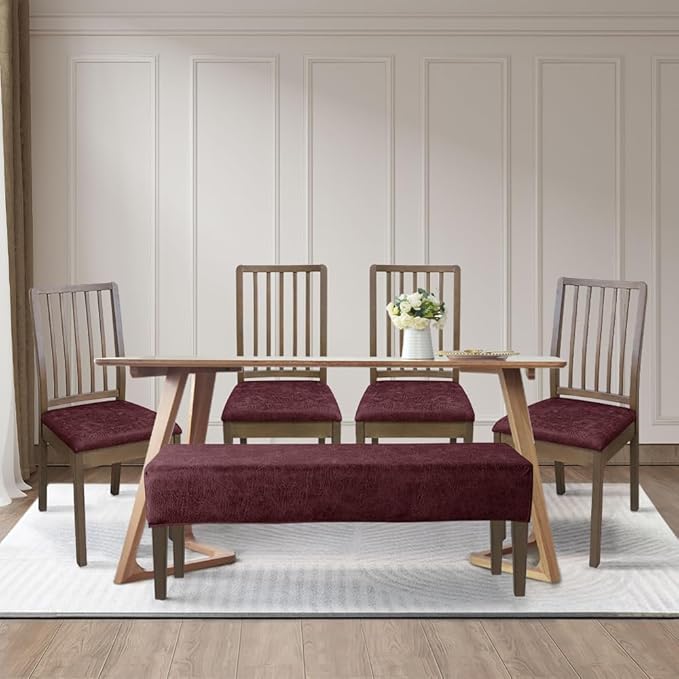 FORCHEER Dining Room Chair Seat Covers Set of 4 with 1 PC Bench Cover Set Faux Leather Fabric Anti-Dust Removable Seat Protector for Dining Room- 4 PCS Chair Cover+1 PC Bench Cover(Wine red)