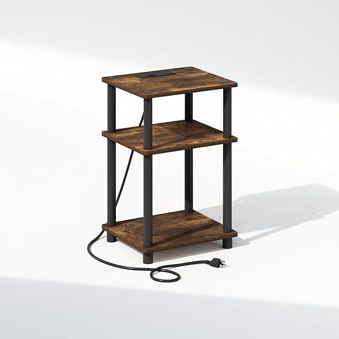 Furinno JUST Night Stand, 3-Tier Turn-N-Tube Nightstand with Charging Station, Bedside Table, End Table, Side Table with USB and Type-C Port, for Bedroom, Closet, Dorm, Amber Pine