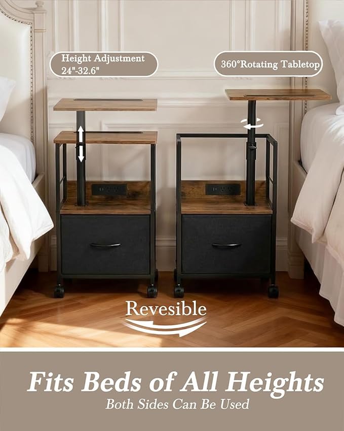 Faesun Swivel Lift Top Nightstand with Charging Station, Rolling Side Table for Recliner, Bedside Table with Wheels & a Fabric Drawer, for Small Spaces, for Bedroom, Living Room, Brown Black