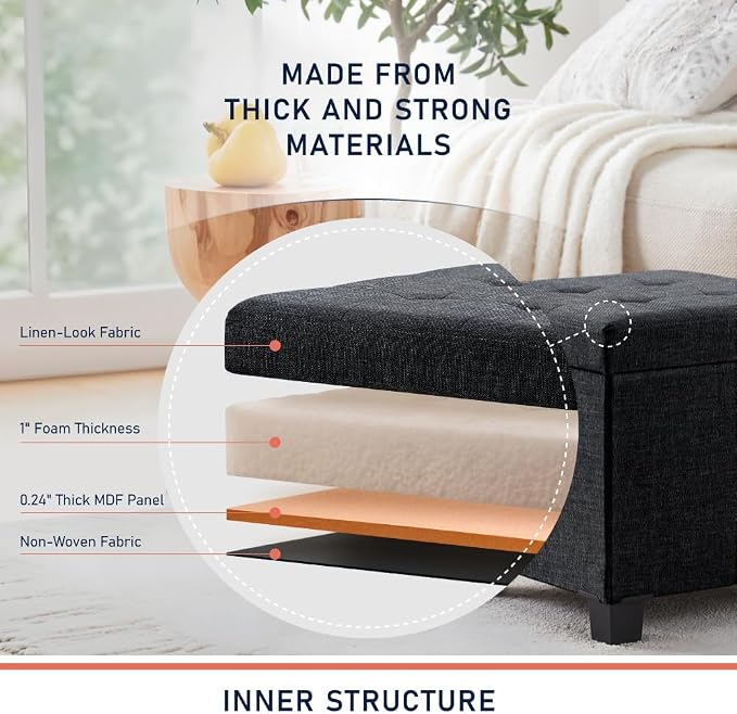 Ornavo Home 15 Inch Folding Storage Ottoman with Storage, Square Cube Linen Small Storage Ottoman Foot Rest Stool with Legs - Black