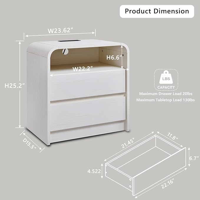 Aitjunz 25" Tall Modern Nightstand Set of 2, 23.6'' Wide Wood Bedside Table w/2 Storage Drawers, Charging Station, Mid Century End Table for Bedroom, Living Room,Curved Profile Design, Antique White
