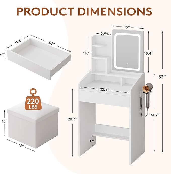 LIVELYGLOW Small Vanity Set with Lighted Mirror & Power Station, 24" Modern White Makeup Desk with Storage Stool, HairDryer Rack, Smart LED 3-Color Lighting, Compact Dressing Vanity for Bedroom