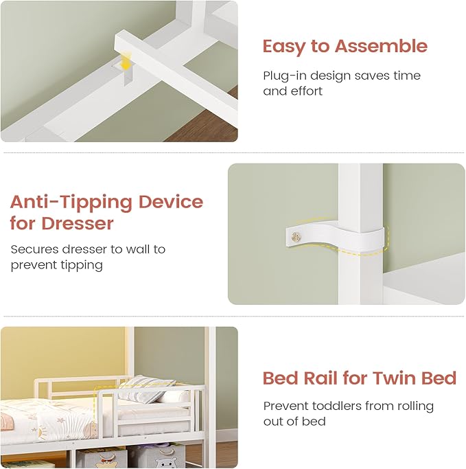 AOGLLATI Bunk Bed Twin Over Twin with 6 Storage Drawers for Kids Teens,Metal Led Loft Bed with Bedside Storage,Safety Guardrails for Small Space, No Box Spring Needed,White