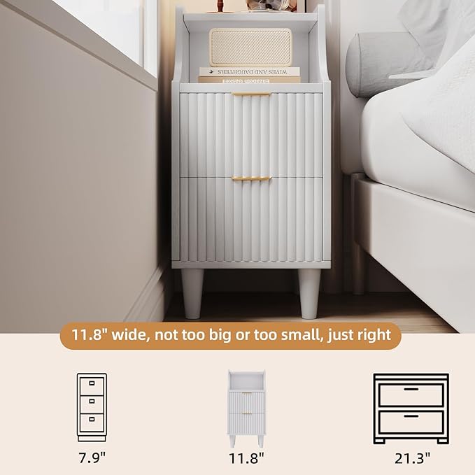 Narrow Nightstand Set of 2,11.8" Fluted Bedside Table Set of 2, Slim Side End Table with 2 Drawers, Wooden Bedside Table, White Wood Night Stand for Bedroom Livingroom Sofa Office
