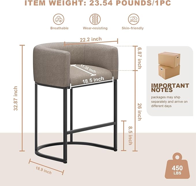 26" H Counter Height Bar Stools Set of 1, Modern Barrel Counter Stools with Backrest and Arms, Linen Fabric Upholstered Accent Barstools for Kitchen Island,Support 450 LBS (Sand)