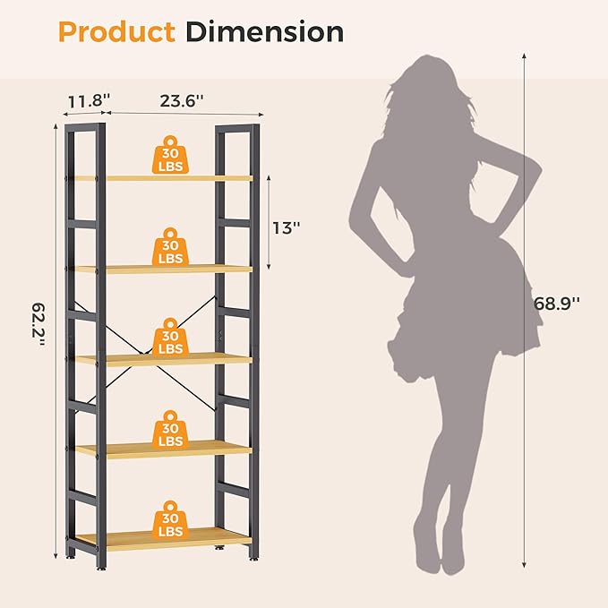 DUMOS 5-Tier Bookshelf, Modern Tall Bookcase, Open Storage Display Shelf for Living Room, Bedroom, Home Office, Narrow Standing Shelving Unit for Books, CDs, Décor，Wood