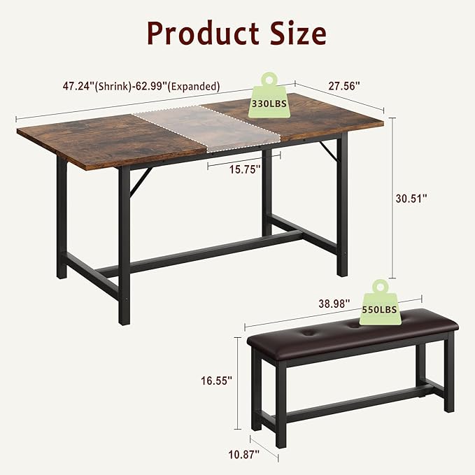 IDEALHOUSE 3 Piece Dining Table Set for 4-6, 63" Extendable Thick Metal Frame Kitchen Table with 2 Upholstered Benches Set for 6, Rectangle Wooden Dinette Table Set for Dining, Apartment, Retro Brown