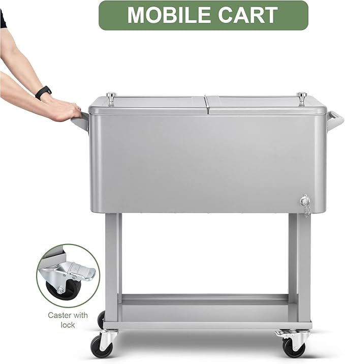 80 Quart Rolling Ice Chest Cooler Cart,Patio Backyard Party Drink Beverage Bar Stand Up Cooler Trolley with Ice Scoop