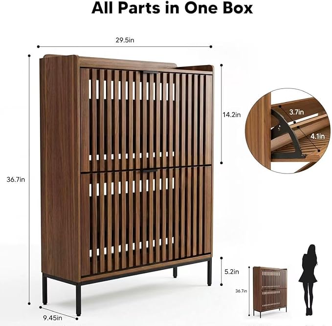 Shoe Cabinet for Entryway, Modern Slim Shoe Storage Cabinet with 2 Flip Drawers, Freestanding Narrow Shoe Rack Organizer with Breathable Slatted Doors & Adjustable Footpads for Hallway & Foyer, Walnut