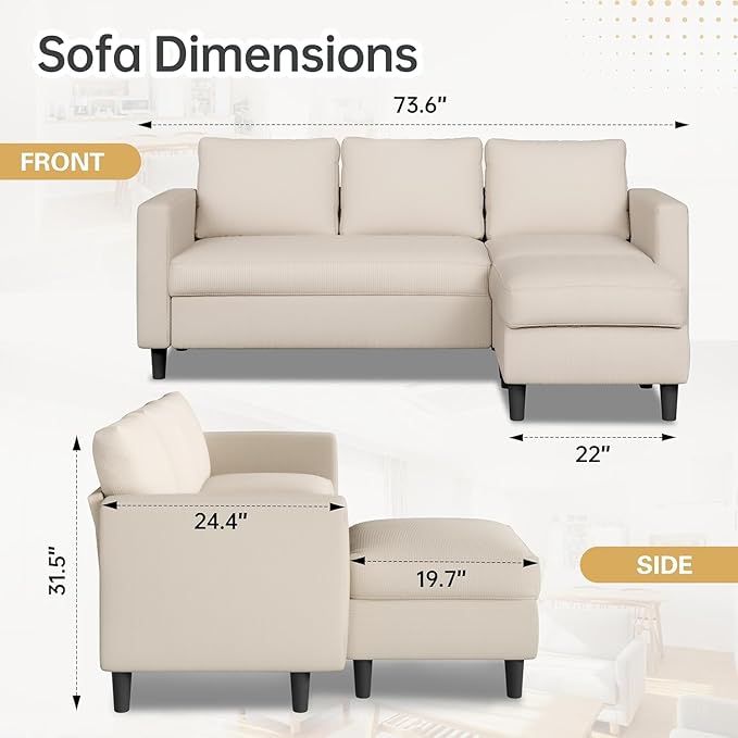 JAMFLY Sectional Sofa for Living Room, 3-Seat Reversible Couch with Convertible Ottoman, Modern L-Shaped Sofas for Small Apartment, Studio & Office, Tool-Free Easy Assembly, Beige