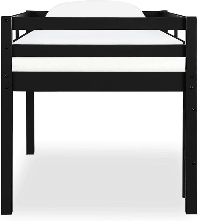 DHP Milton Twin Loft Bed with Safety Guard Rail, Black, Space Saving Junior Size, Pine Wood