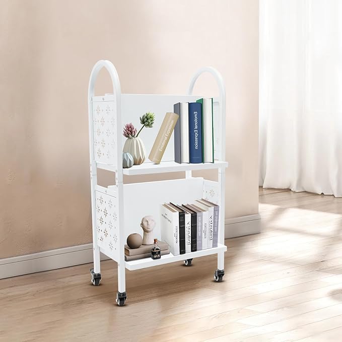 2-Tier Book Cart Rolling Office Floor Standing Book Storage Rack with Wheels Bookshelf Organizer Open Shelf Assistant Organizing Transporting Displaying Libraries Classrooms Homes Office School