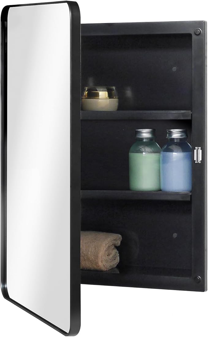 Fundin Plastic Black Medicine Cabinet, Mirror Door with Round Corner Metal Frame, Recessed and Surface Mount Bathroom Medicine Cabinet, 16 x 22 inch Mirror Size