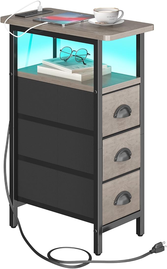 sthmec End Table with Charging Station,LED Side Tables with USB Ports and Outlets,Skinny Bedside Tables with 3 Drawers,Small Tabls Nightstands for Small Space,Slim Sofa Table for Livingroom, Grey