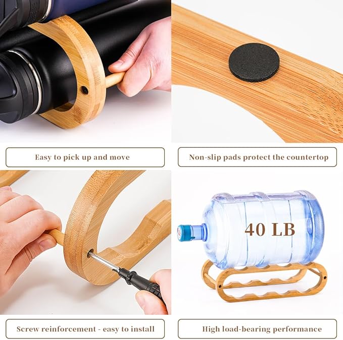 Navtcow Wine Rack and Water Bottle Organizer 2 in 1 for Cabinet and Countertop - Adjustable in 2 Sizes (Bamboo 2 Tier)