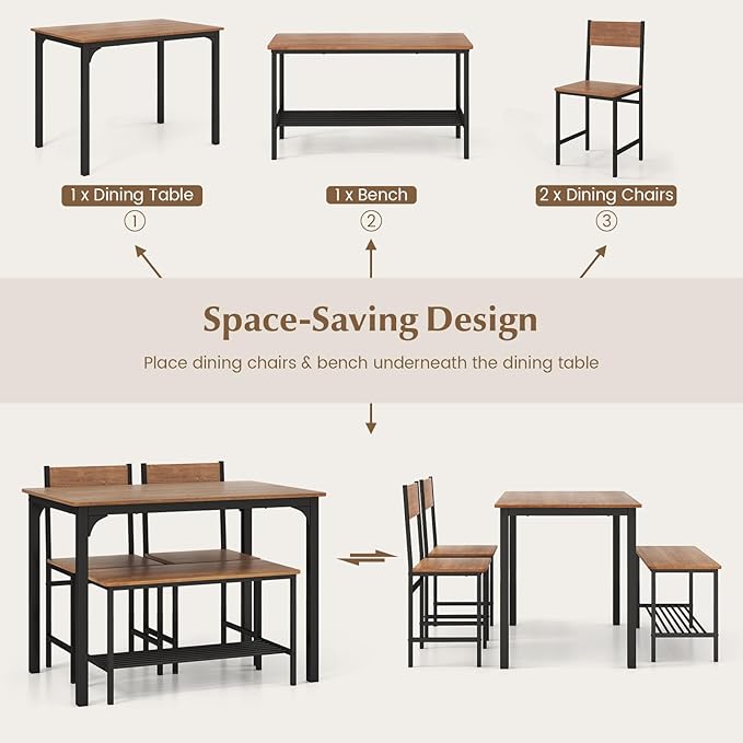 COSTWAY Dining Table Set for 4, Rectangular Kitchen Table Set with Bench and 2 Chairs, Storage Rack & Metal Frame, 4-Piece Dining Room Table and Chairs Set for Small Space, Apartment (Brown)