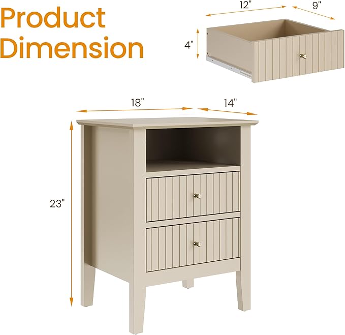 RoyalCraft Beige Fluted Nightstand Set of 2, Colorful Nightstand with 2 Drawers, Modern Wooden End Table with Storage for Small Spaces, Side Table for Bedroom, Couch, Home Office