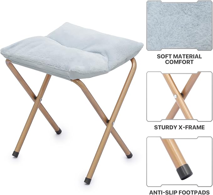 MoNiBloom Square Folding Faux Fur Saucer Chair for Bedroom Living Room Dorm Foldable Metal Frame Oversized Large Comfy Furry Padded Soft Cozy Moon Chair with Footrest Ottoman for Adults (Blue)