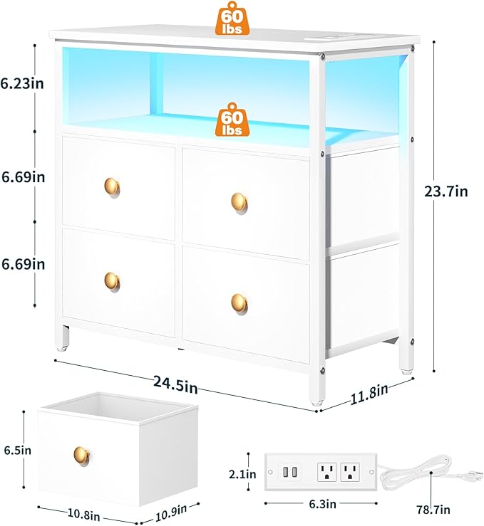 Yoobure Night Stand with Charge Station, Nightstand with 4 Drawers Bedside Table, LED Dresser with Storage Shelf, Night Stands for Bedroom, Side Table 3-Tier Wood End Table for Home, Office White