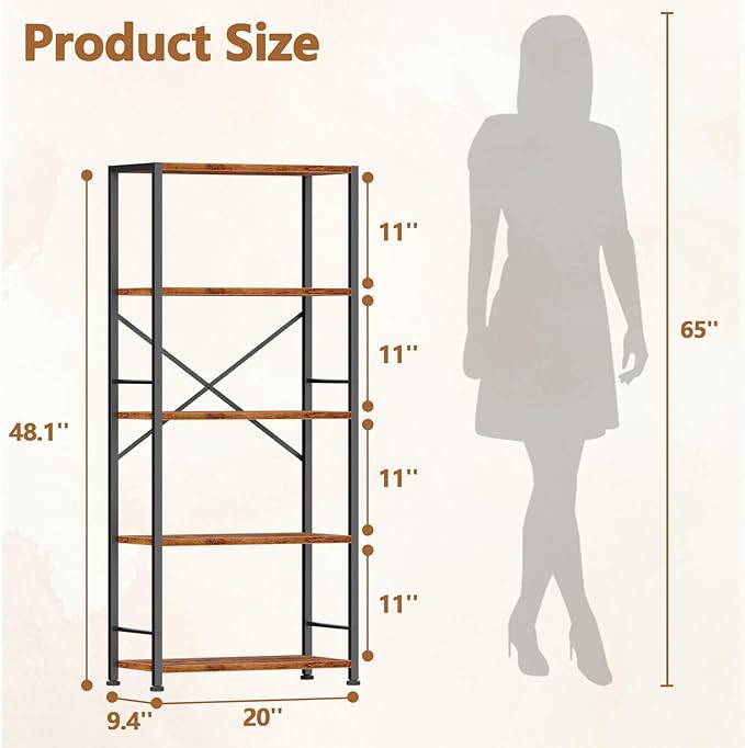 Furologee 5 Tier Book Shelf, Tall Wide Bookshelf, Industrial Open Bookcase, Display Shelves Storage Organizer, Shelving Unit for Living Room, Home Office, Bedroom, Rustic Brown
