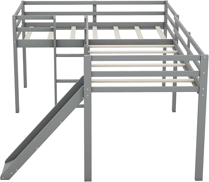 Merax Twin Size Double Loft Bed with Slide and Ladder, Wooden L-Shaped Bed Frame with Full-Length Guardrail, Wood Bedframe for Kids Teens Adults Bedroom, 2 Twin Beds, Grey