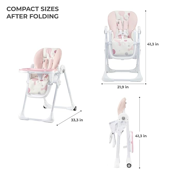 Kinderkraft Highchair Yummy, Baby Chair, Ergonomic, Comfortable, Reclining, Foldable, with Ajustable Height, Footrest, Detachable Double Tray, for Toddler, from 6 Month to 3 Years, Pink