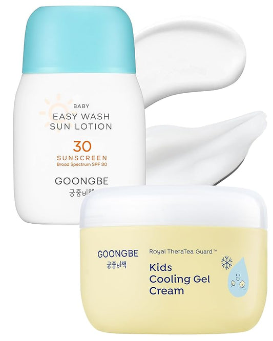 GOONGBE Baby Kids Easy Wash Sun Lotion SPF 30 & Cooling Gel Cream - Zinc Oxide Mineral Sunscreen & 3-Second Soothing Relief - Vegan Hypoallergenic for Sensitive Skin, 2.11oz & 3.38oz