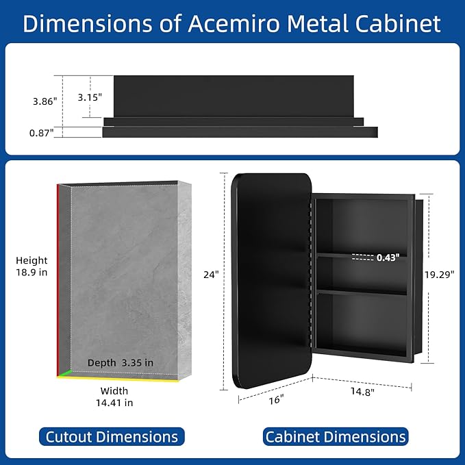 ACEMIRO 16x24 Inch Black Mirror Medicine Cabinet Metal Framed Recessed Wall Mounted Bathroom Medicine Cabinet with Mirror and Storage