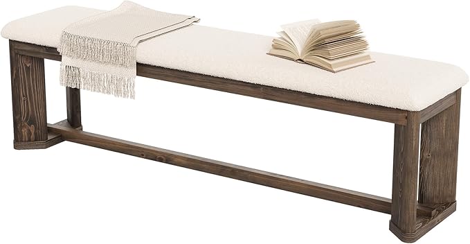 LITTLE TREE 63" Upholstered Bench, Solid Wood Entryway Shoe Bench with Cushion, Long Modern Farmhouse End of Bed Bench with Antique Brown Legs & Faux Lamb Fur Seat for Bedroom, Living Room, Dining