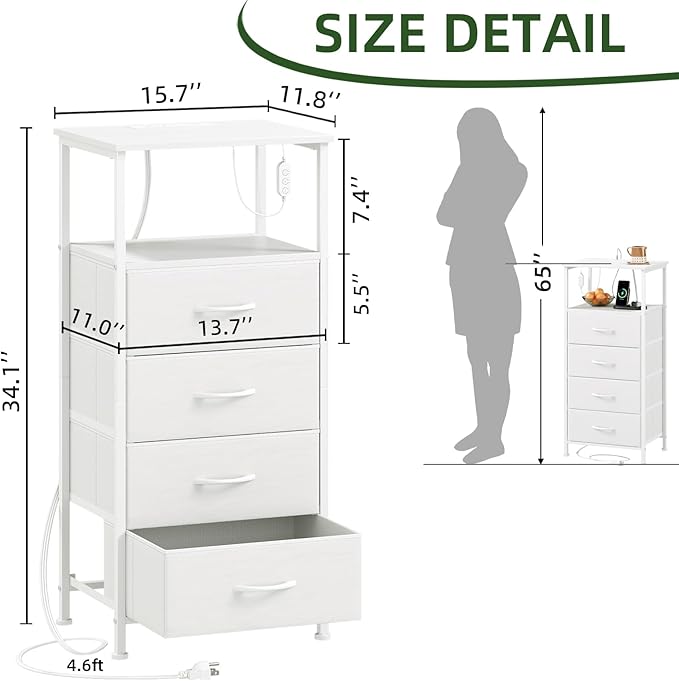 Somdot White Nightstand with Charging Station and LED Light for Bedroom, Tall 4 Drawers Dresser with Fabric Bins for Bedside Kids Dorm Room Closet Laundry Entryway, White Leather