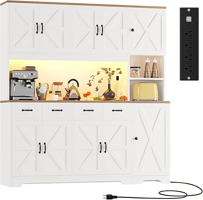 71" Tall Kitchen Pantry with LED Lights & Charging Station, Farmhouse Storage Cabinet with 4 Drawers & 6 Cabinets, Modern Kitchen Hutch for Dining Room with Adjustable Shelves, White
