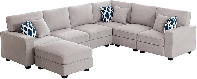 Legend Vansen Oversized Modular Sectional Sofa,U/L‑Shaped Reversible Couch with Ottoman,Deep Seat Plush Polyester Sofa for Living Room,7‑Seater,Light Grey