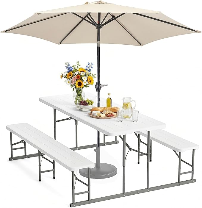 VINGLI Folding Picnic Table and Bench Set with Umbrella, Portable Outdoor Dining Furniture for Camping, Patio, Backyard, Wood Grain Plastic Top with Metal Frame