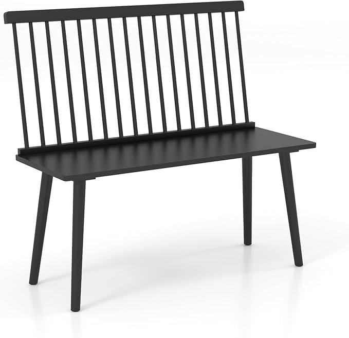 Giantex Dining Bench with Back, Black Windsor Bench with Spindle Back & Anti-Slip Foot Pads, Farmhouse Rubber Wood Dining Bench, Indoor Wooden Entryway Bench for Living Room, Dining Room, Hallway